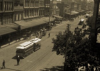 Cable cars in Swanston Street. Photograph State Library of Victoria.