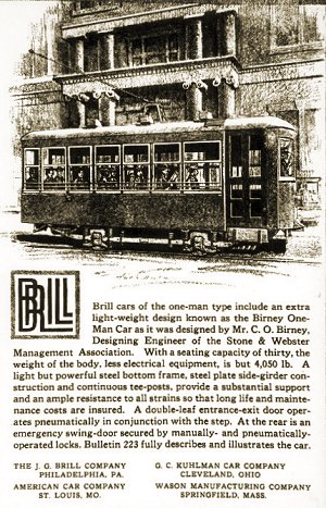 Advertisement for the Birney One-Man Car as constructed by the J.G. Brill Company of Philadelphia. From the collection of Mal Rowe.