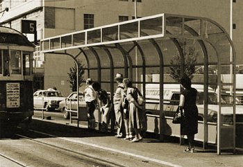 1981 design tram shelter at Museum Station, corner of Swanston and La Trobe Streets. M&MTB photograph