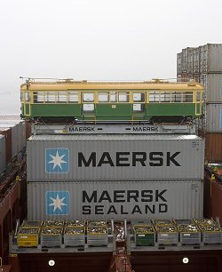 Royal Danish tram Melbourne SW6 number 965 on board the Gudrun Maersk on arrival at Aarhus, Denmark, 19 February 2006. Photograph courtesy Mikael Lund.
