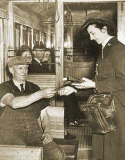 VR conductress Miss T. Thompson taking fares, c1943. Photograph State Library of Victoria