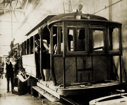 Single truck B class tram under construction at Malvern Depot, c 1917. Photograph from the Austalasian, courtesy of Mal Rowe.