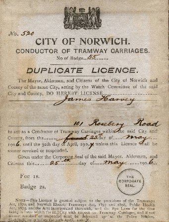 City of Norwich conductor licence for James Harvey. From the collection of Richard Adderson.