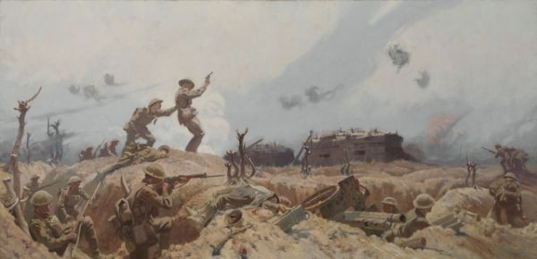 Australian infantry attack in Polygon Wood. Painting by war artist Fred Leist, 1919. Image courtesy Australian War Memorial