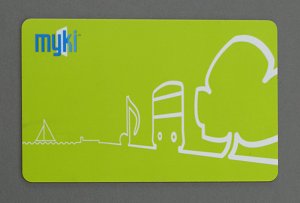 Myki stored value card for adult (non-concession) traveller, October 2012. Photograph courtesy Noelle Jones