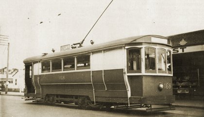 War-time austerity all-night tram S class 168 in Footscray, September 1947. Photograph Bob Lilburn.