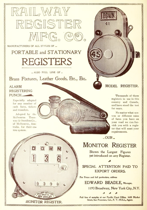 Advertisement for the Railway Register Manufacturing Company of New 
            York. Collection of the Melbourne Tram Museum