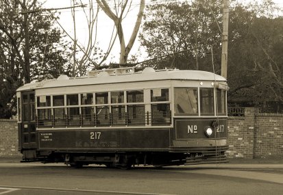 Original Birney car, M&MTB X class no 217, outside the Melbourne Tram Museum, 29 May 2004. Photograph courtesy Mal Rowe.