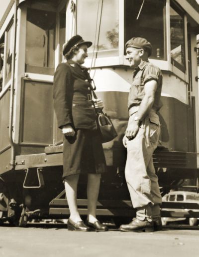Conductresses E Chaplin with Private Ely, 14 March 1946. Photograph courtesy Australian War Memorial