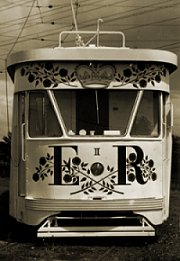 M&MTB PCC 980 decorated for the Royal Visit of QEII in 1954. In this guise it ran over the entire Melbourne network as a ghost tram. M&MTB photograph.