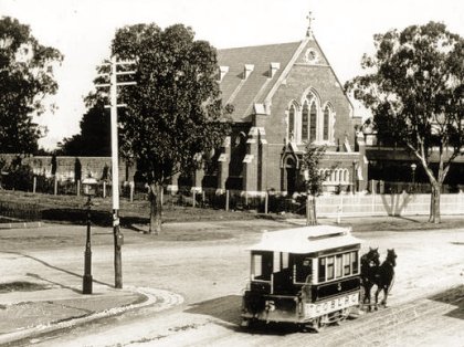 Horse tram in Sydney Road, Coburg, in front of St Paul's Church. Photograph Coburg Historical Society