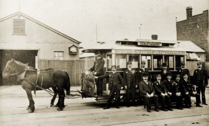 MTOC horse tram outside depot at Hawthorn. Photograph Public Record Office Victoria.