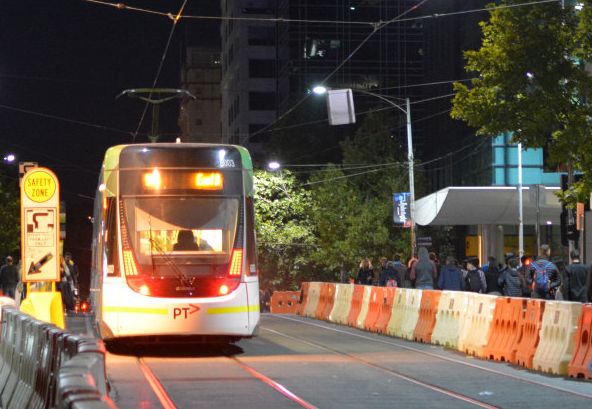Yarra Trams E class 6003 on Night Network all-night service, February 2016. Photograph courtesy Mal Rowe