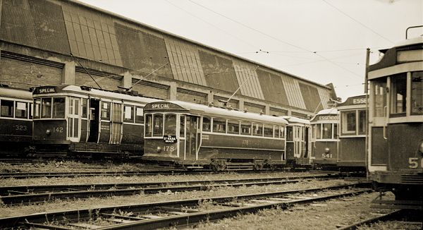 All-night cars T 178 and Q 142 at Essendon Depot in the late 1930s. Photograph by the Nowell brothers