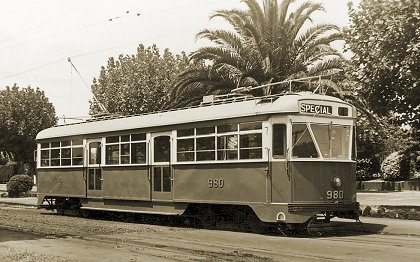 M&MTB prototype car PCC 980 in Dandenong Road. Melbourne Tram Museum collection