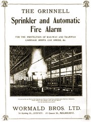 Wormald Bros advertisement for the Grinnell fire alarm, showing the 1915 field test at Malvern Depot. From the Andrew Howlett collection.