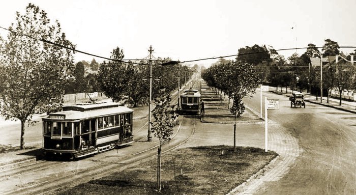 Ex-PMTT tramcars No 57 and No 67 in Dandenong Road near Wattletree Road, circa 1925. Photograph courtesy Public Record Office Victoria