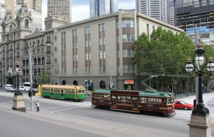 W class trams fitted with pantographs in Spring Street. Photograph courtesy Mal Rowe.