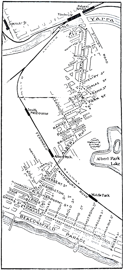 Map of Cr Strangward's proposed electric tramway. Map from Emerald Hill Record, 13 July 1912.