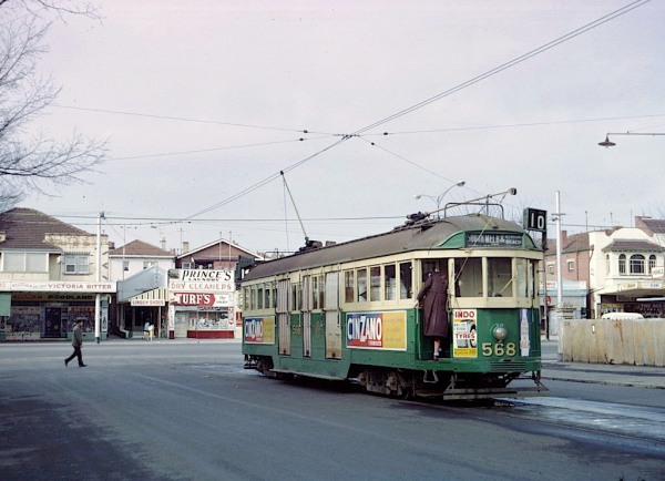 W2 568 at the new terminus in Park Street at Fitzroy St, St Kilda, 1965. Photograph Mal Rowe.