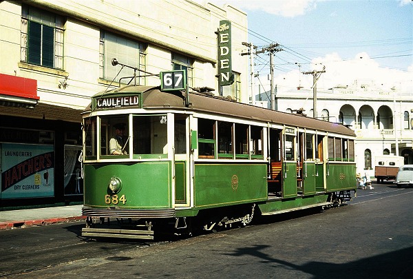 M&MTB 
            CW5 class maximum traction bogie tram No 684 at Acland Street, St Kilda, 1953. Image courtesy of Noel Reed.