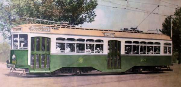 Hand-tinted image of Y 469 on tourist tram service, circa 1927. Photograph courtesy Norm Maddocks collection