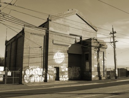  Ascot Vale substation, July 2012. Heavily coated with graffiti, this building has been supplanted by a small modern substation at its rear. Photograph courtesy Noelle Jones.