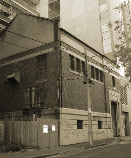 Fitzroy (Young Street) substation, surrounded by the buildings of the Australian Catholic University, July 2012. Still in active use as a tramway substation. Photograph courtesy Noelle Jones.