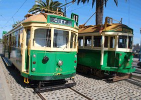 Former Melbourne trams SW6 916 and W2 496 together in San Francisco on the day of the launch. Photograph courtesy Market Street Railway