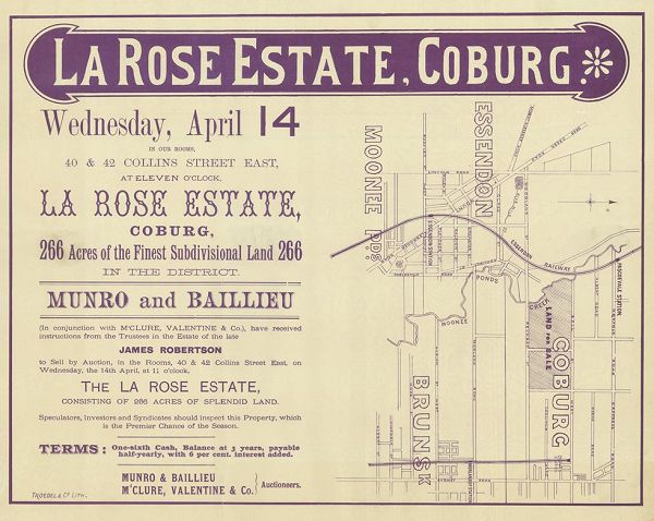 Poster for La Rose Estate, Coburg (1886). From the Troedel Collection, State Library Victoria.