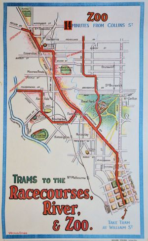 1925 M&MTB publicity poster promoting three new electric tram services. Image courtesy State Library Victoria / Vernon Jones