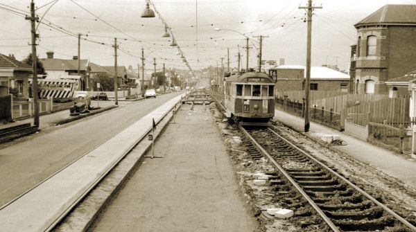 Tram 344 using temporary track in Melville Road, West Brunswick, 1968. Photograph courtesy Mal Rowe.